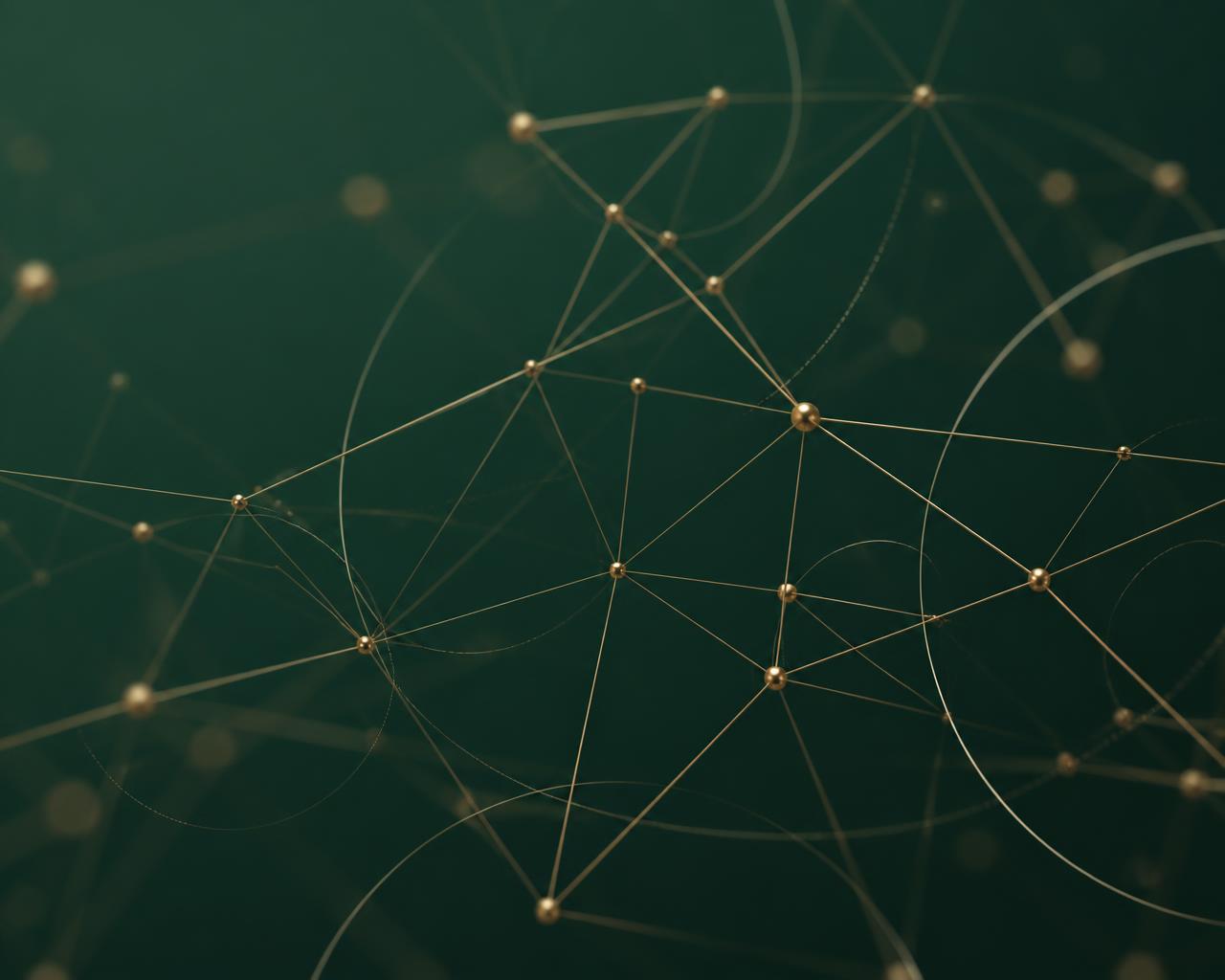 Abstract network of connected AI agent nodes rendered in forest green and bronze